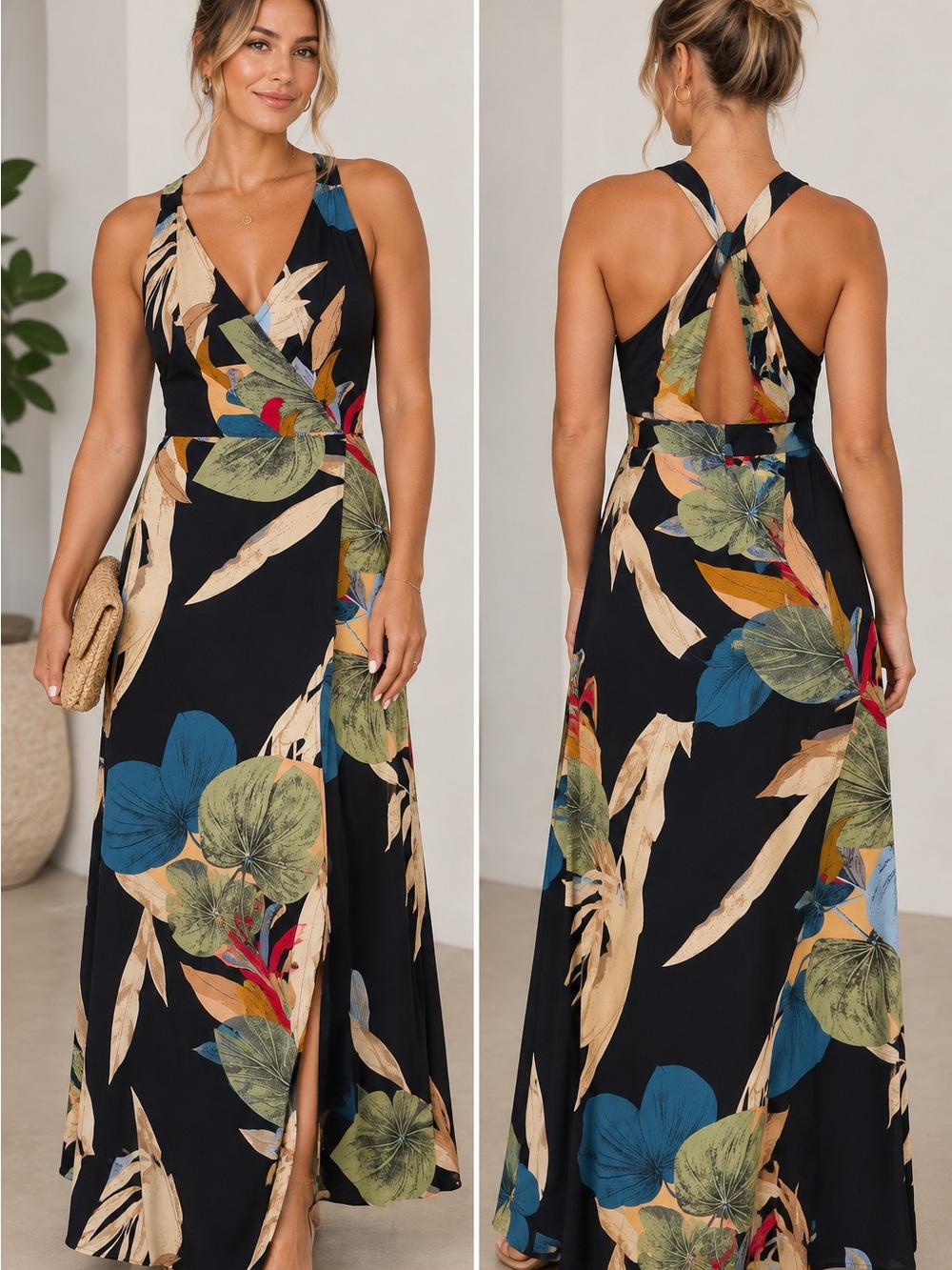Women’s Black Floral Maxi Dress with Cross-Back